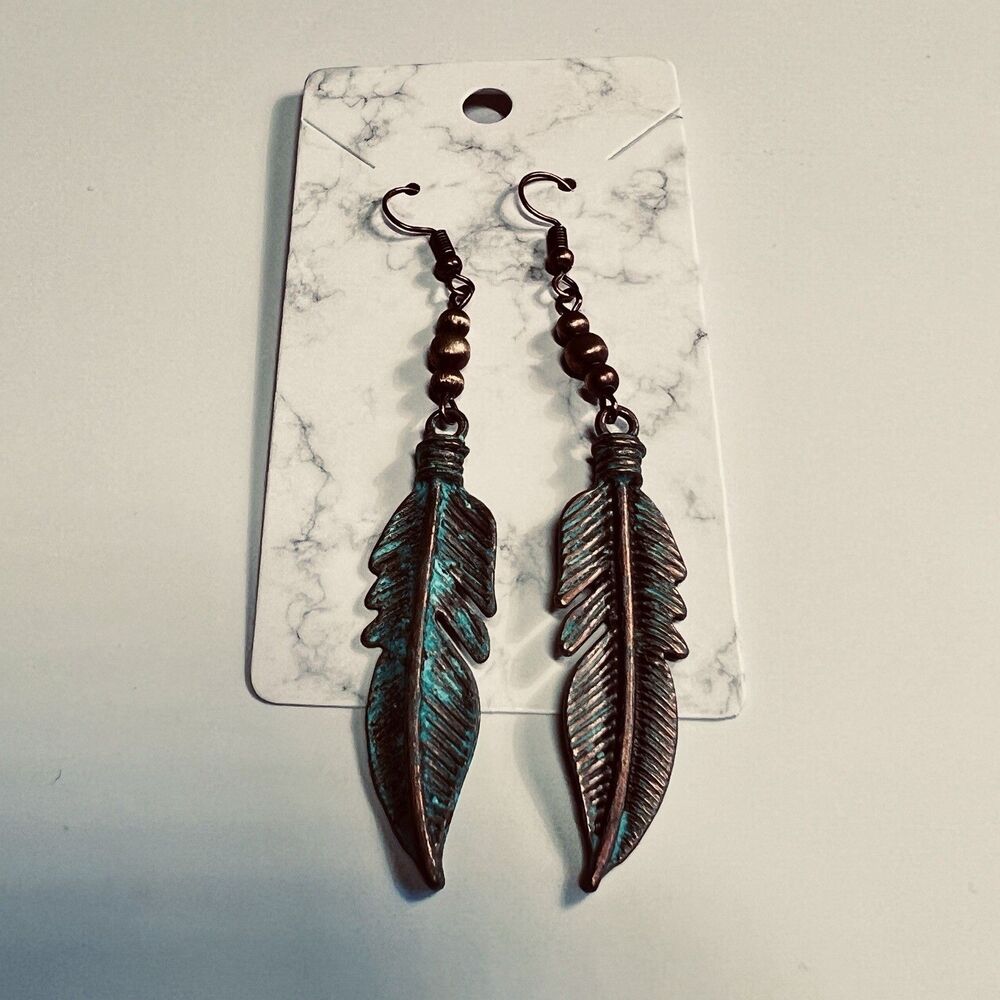 Boho Dangling Antiqued Feather Earrings Southwestern New